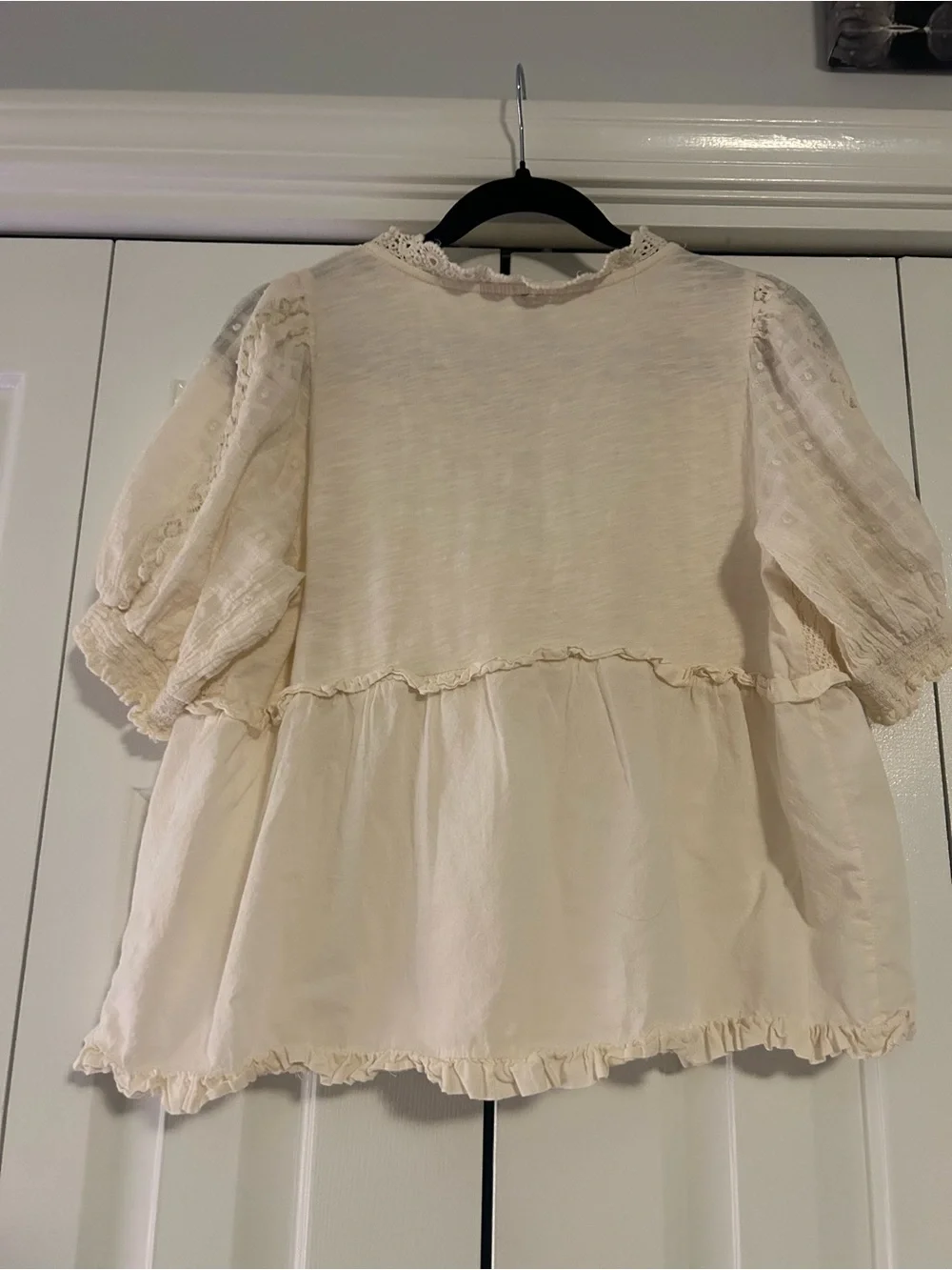 Anthropologie Cream Lace-Front Peasant Blouse with Tie